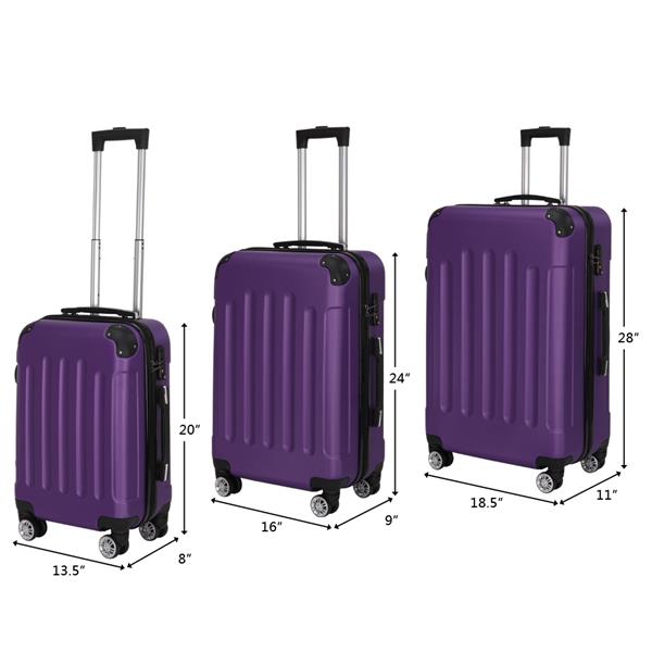 3-in-1 Portable ABS Trolley Case 20&quot; / 24&quot; / 28&quot; Purple
