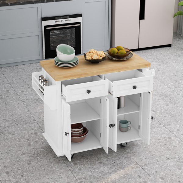 Kitchen Island Cart with Two Storage Cabinets and Two Locking Wheels43.31 Inch Width4 Door Cabinet and Two DrawersSpice Rack, Towel Rack White