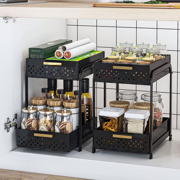 Double Under Sink Storage Rack Kitchen Under Counter Storage Rack Bathroom Under Cabinet Storage Rack Sliding Basket Storage Rack Cosmetic Storage Black