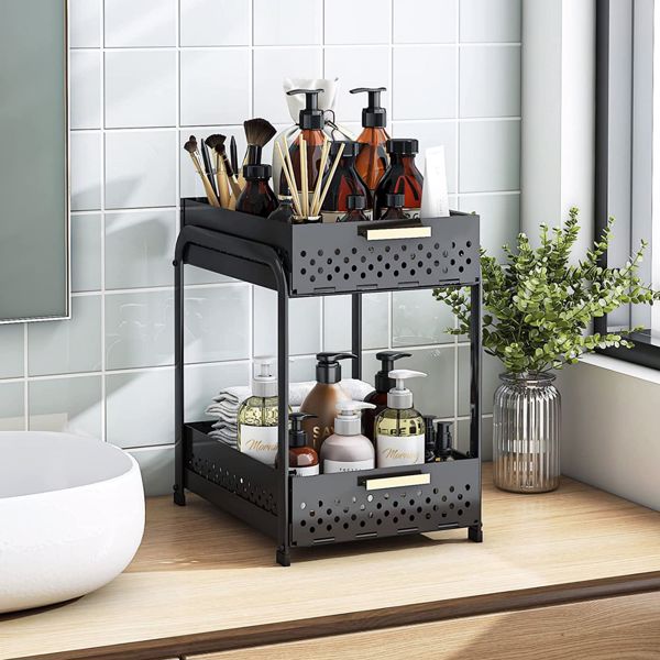Double Under Sink Storage Rack Kitchen Under Counter Storage Rack Bathroom Under Cabinet Storage Rack Sliding Basket Storage Rack Cosmetic Storage Black