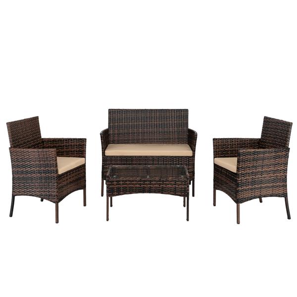 2pcs Arm Chairs 1pc Love Seat &amp; Tempered Glass Coffee Table Rattan Sofa Set Brown Gradient