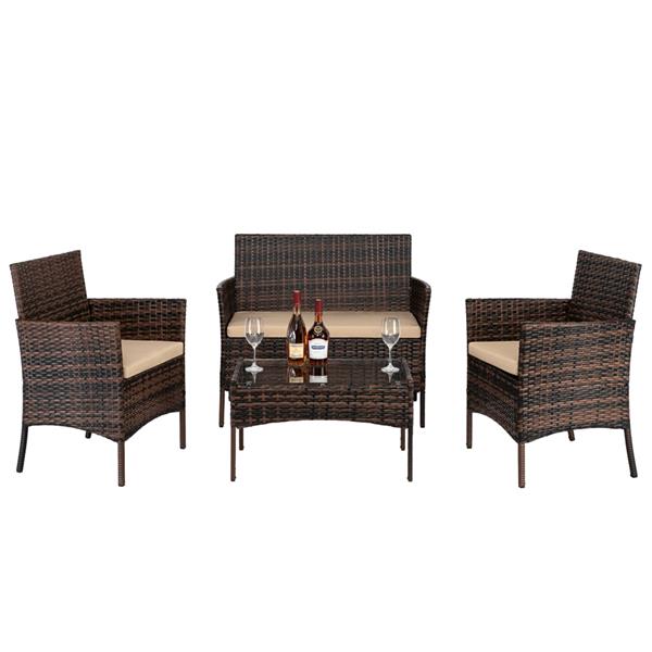 2pcs Arm Chairs 1pc Love Seat &amp; Tempered Glass Coffee Table Rattan Sofa Set Brown Gradient
