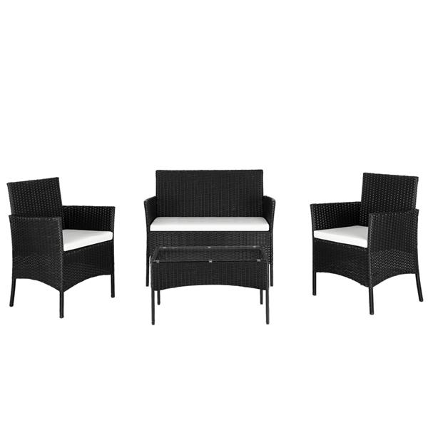 2pcs Arm Chairs 1pc Love Seat &amp; Tempered Glass Coffee Table Rattan Sofa Set Black