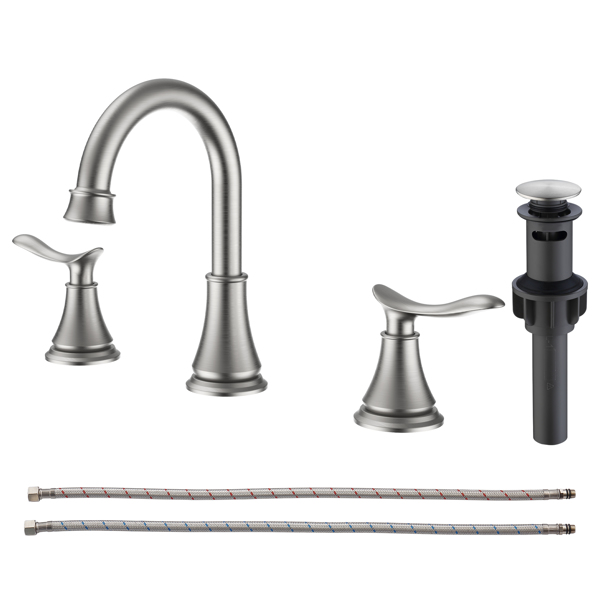 2-Handle 8 inch Widespread Bathroom Sink Faucet Brushed Nickel Lavatory Faucet 3 Hole 360 Swivel Spout Vanity Sink Basin Faucets with Pop Up Drain Assembly and cUPC Water Supply Hoses