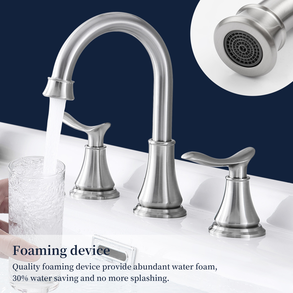 2-Handle 8 inch Widespread Bathroom Sink Faucet Brushed Nickel Lavatory Faucet 3 Hole 360 Swivel Spout Vanity Sink Basin Faucets with Pop Up Drain Assembly and cUPC Water Supply Hoses