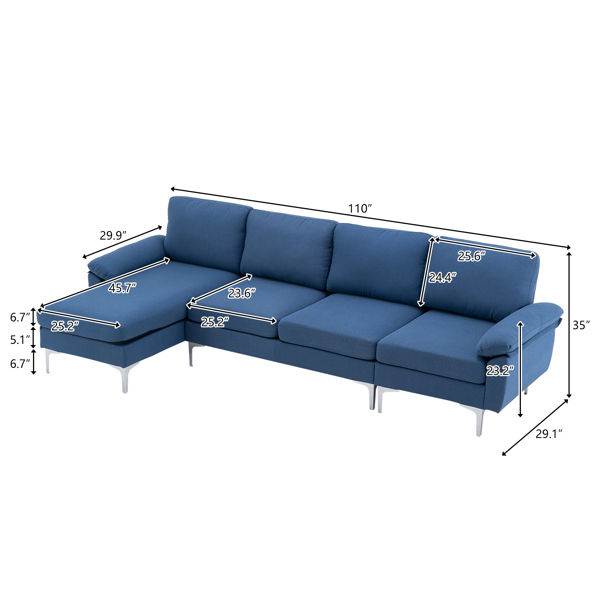 290*137*85cm L-Shaped Fabric With Chaise Iron Feet 4 Seats Indoor Modular Sofa Blue