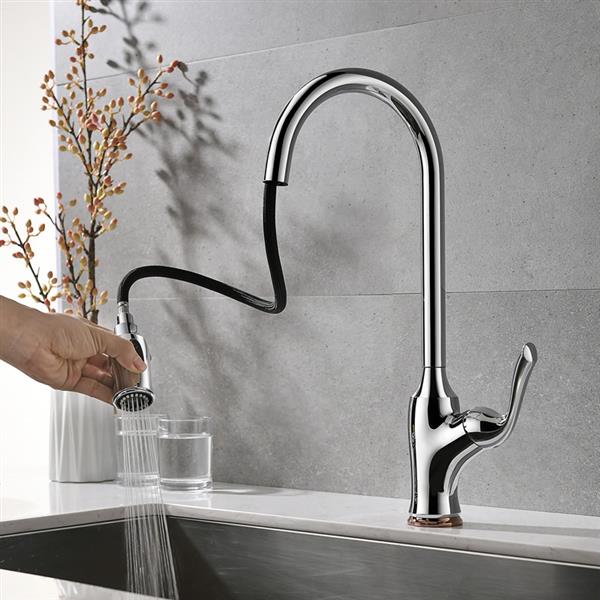 Pull-Down Kitchen Sink Faucet Copper Mixer Tap Pull-out Silver Lead-free Kitchen Faucet KJZY50