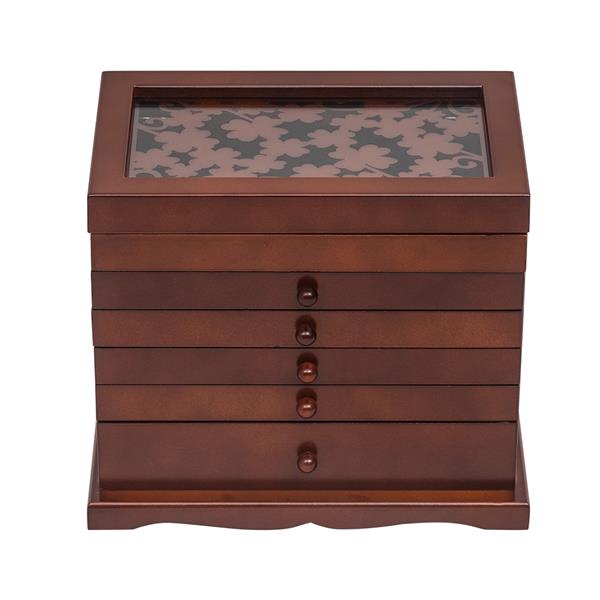 Large Jewelry Organizer Wooden Storage Box 6 Layers Case with 5 Drawers,  Brown