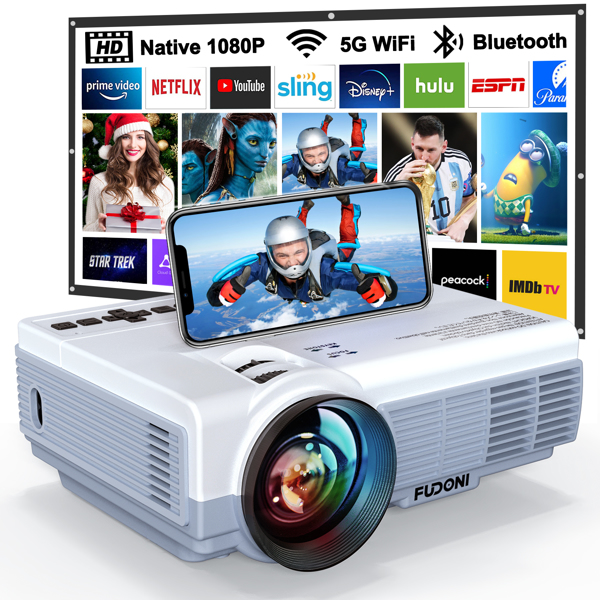 Projector with WiFi and Bluetooth,5G WiFi 9000L Native 1080P Video Projector, FUDONI Portable Movie Projector,Compatible with TV Stick, Smartphone, Tablet, PC,HDMI,VGA,USB,AV Shipment from FBA)
