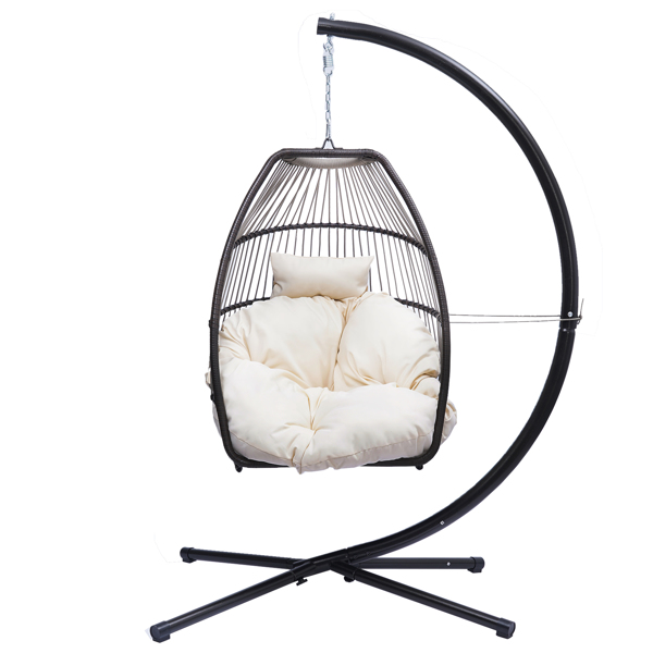Patio Wicker folding Hanging Chair,Rattan Swing Hammock Egg Chair with X type Base and C Type bracket , with cushion and pillow,for Patio,Bedroom Balcony,Indoor,OutdoorBeige