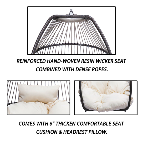 Patio Wicker folding Hanging Chair,Rattan Swing Hammock Egg Chair with X type Base and C Type bracket , with cushion and pillow,for Patio,Bedroom Balcony,Indoor,OutdoorBeige