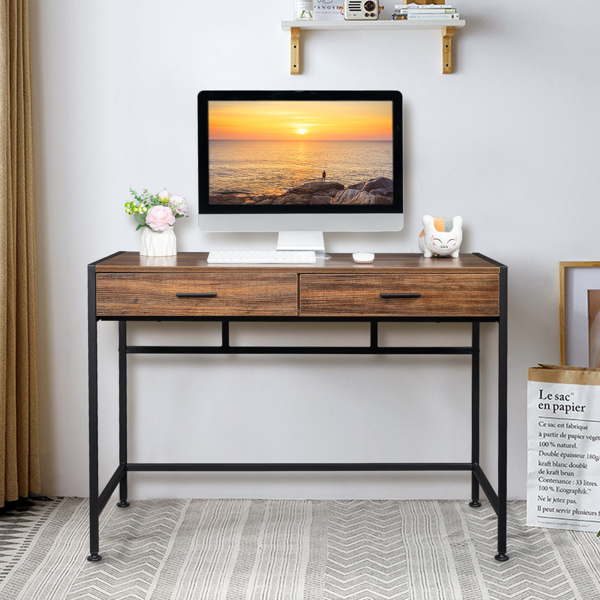 106*50*75cm Retro Wood Table Top Black Steel Frame Particle Board Two Drawers Computer Desk Can Be Used For Study Desk