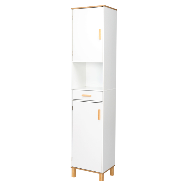 Solid Wood Foot Single Drawer Double Door Bathroom High Cabinet White &amp; Wood Grain Color