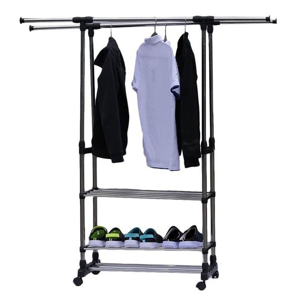 Dual Bars Horizontal &amp; Vertical Telescope Style 3 Tiers Stainless Steel Clothing Garment Shoe Rack B