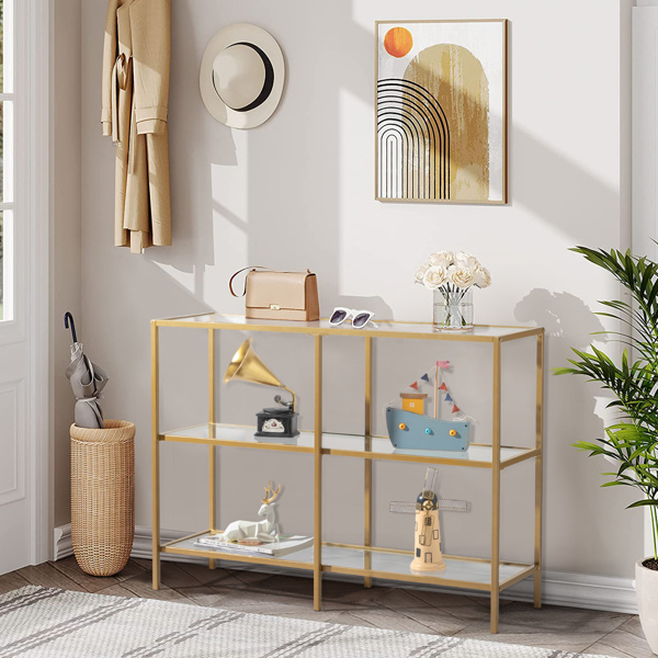 39.4 Console Table, Tempered Glass Sofa Table, Modern Entryway Table, Metal Frame, Easy to Assemble,  for Living Room, Hallway, Gold Color
