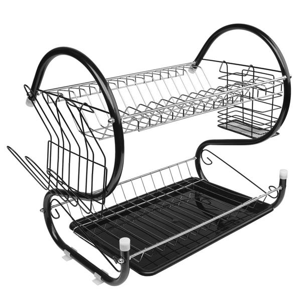 Multifunctional S-shaped Dual Layers Bowls &amp; Dishes &amp; Chopsticks &amp; Spoons Collection Shelf Dish Drai Black