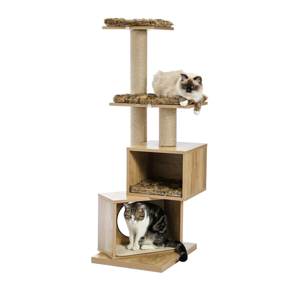 Wood Cat Tree Modern Cat Tower Sisal Scratching Post Double Condos Kitten Activity Centre Furniture with Removable Washable Mats