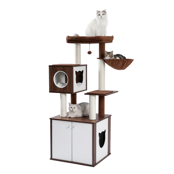 All-in-One Multi-Functional Cat Tree Modern Wood Cat Tower with Cat Washroom Litter Box House, Cat Condo, Top Perch, Large Hammock and Scratching Post Brown (Minimum Retail Price for US: USD 189.99)
