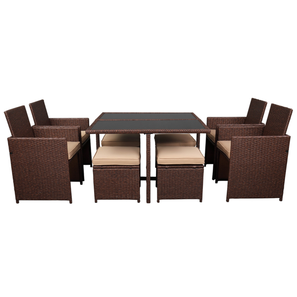 9 Pieces Wood Grain PE Wicker Rattan Dining Ottoman with Tempered Glass Table Patio Furniture Set