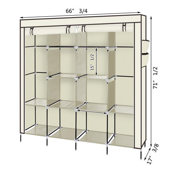 67&quot; Clothes Closet Portable Wardrobe Clothes Storage Rack 12 Shelves 4 Side Pockets Beige