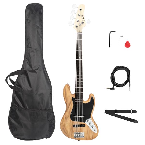 [Do Not Sell on Amazon]Glarry Gjazz Electric 5 String Bass Guitar Full Size Bag   Strap   Pick   Connector   Wrench Tool Burlywood