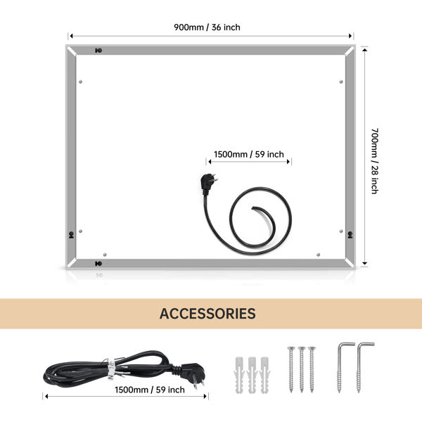 36*28 LED Lighted Bathroom Wall Mounted Mirror with High Lumen+Anti-Fog Separately Control+Dimmer Function