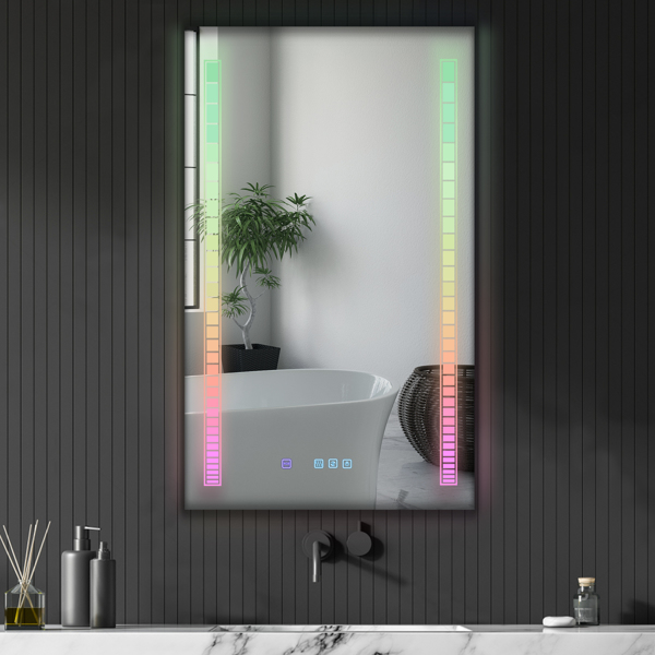 FCH 40*24in Symphony Elements Aluminum Alloy Rectangular Built-In Light Strip With Anti-Fog Touch Adjustable Brightness Power-Off Memory Three-Tone Lighting Bathroom Mirror Silver