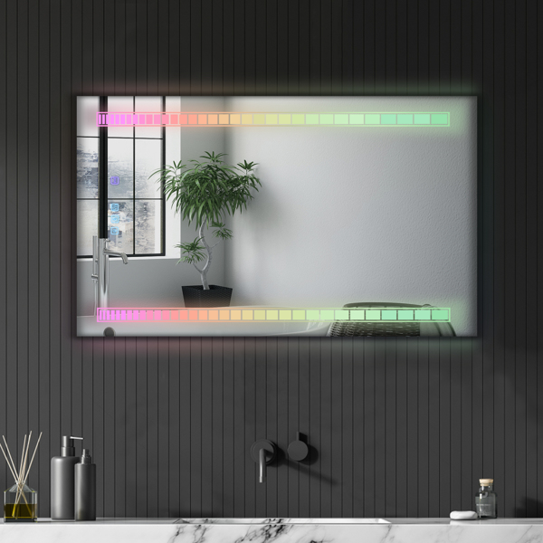 FCH 40*24in Symphony Elements Aluminum Alloy Rectangular Built-In Light Strip With Anti-Fog Touch Adjustable Brightness Power-Off Memory Three-Tone Lighting Bathroom Mirror Silver