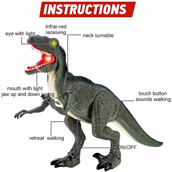 Remote Control R/C Walking Dinosaur Toy with Shaking Head, Light Up Eyes &amp; Sounds (Velociraptor), Gift for kids
