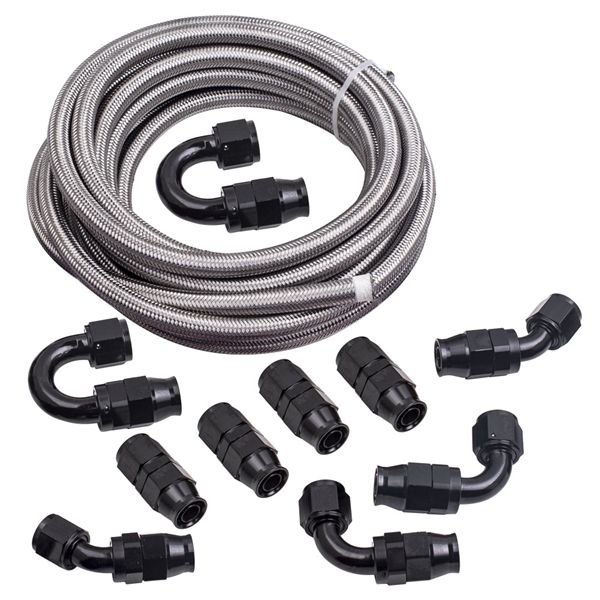 -10AN 20 Feet Stainless Steel PTFE Fuel Line AN10 Fitting Swivel Hose Kit Black