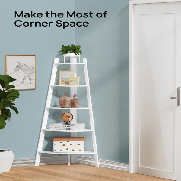 Corner Shelf, 5 Tier Corner Shelf Tall Rustic Multipurpose Bookshelf with 1.96'' Wide Frame, Industrial Ladder Shelf and Plant Stand with Support Foot Pads for Living Room, Home Office