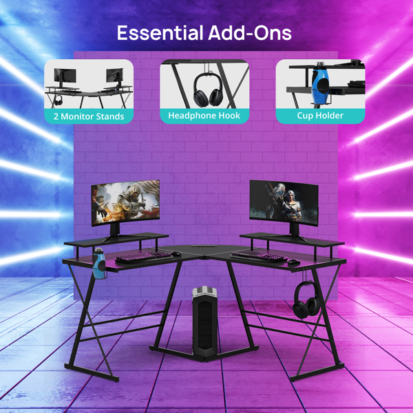 Gaming Desk, L Shaped Computer Corner Desk, 53&quot; Ergonomic Gaming Table with Monitor Stands, PC Desk with LED Strips and Power Outlets, Carbon Fiber Surface with Cup Holder, Headphone Hook