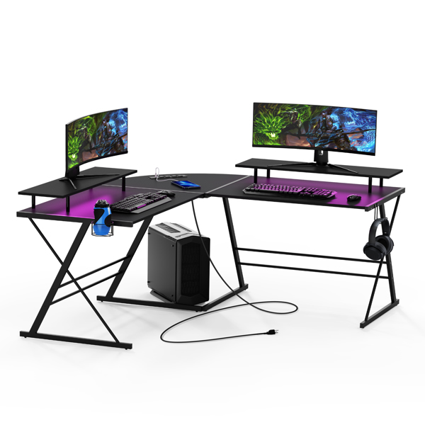 Gaming Desk, L Shaped Computer Corner Desk, 53&quot; Ergonomic Gaming Table with Monitor Stands, PC Desk with LED Strips and Power Outlets, Carbon Fiber Surface with Cup Holder, Headphone Hook