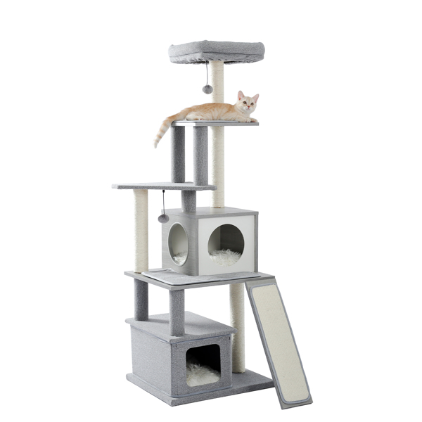 Modern Wood Cat Tree Tower With Scratching Posts, 2 Condos And Top Perch For Small&amp;Medium Cat Grey (Minimum Retail Price for US: USD 119.99)