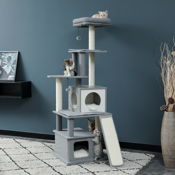 Modern Wood Cat Tree Tower With Scratching Posts, 2 Condos And Top Perch For Small&amp;Medium Cat Grey (Minimum Retail Price for US: USD 119.99)