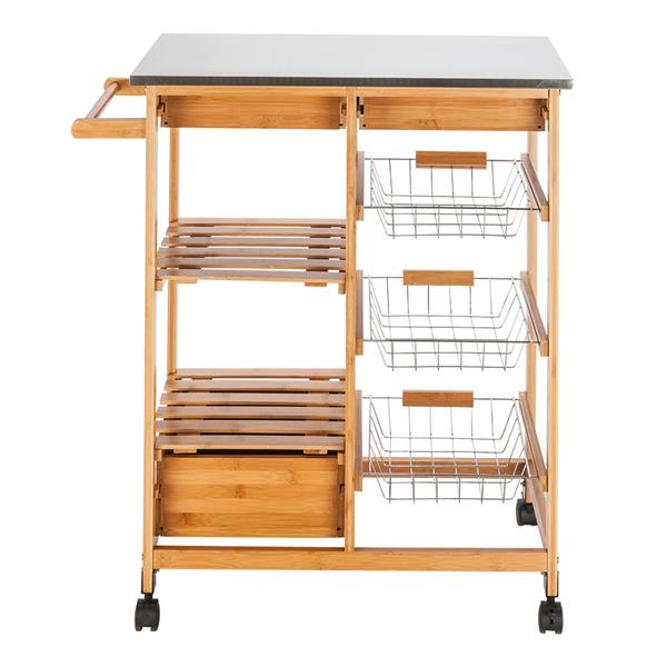 Moveable Kitchen Cart with Stainless Steel Table Top &amp; Three Drawers &amp; Three Baskets Burlywood