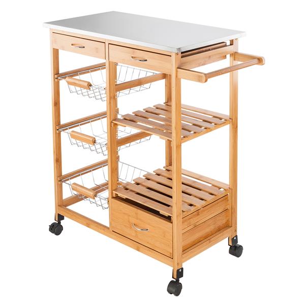 Moveable Kitchen Cart with Stainless Steel Table Top &amp; Three Drawers &amp; Three Baskets Burlywood