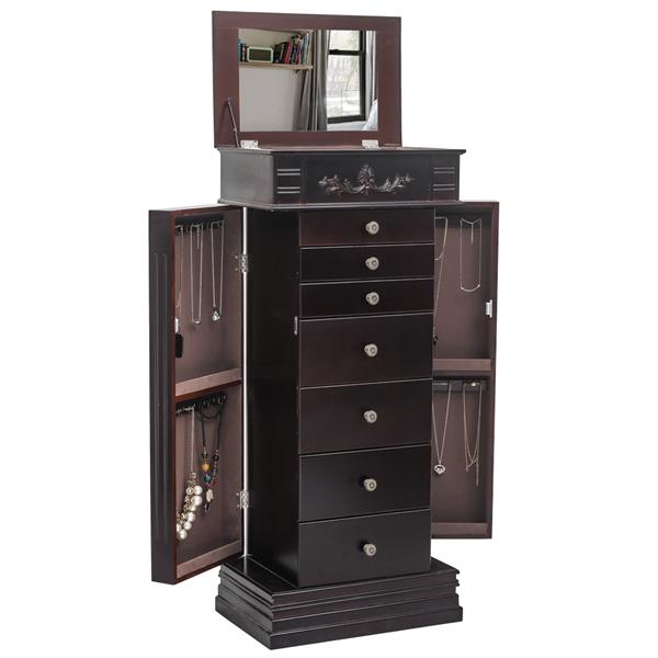 Jewelry Armoire with Mirror, 8 Drawers &amp; 16 Necklace Hooks,  2 Side Swing Doors(Brown)