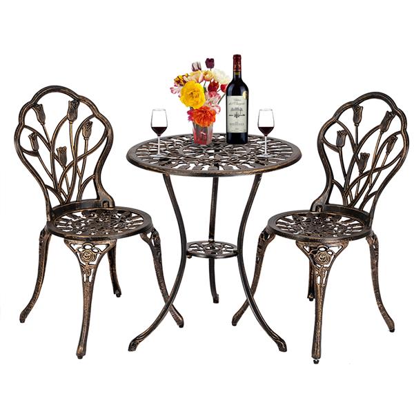 European Style Cast Aluminum Outdoor 3 Piece Tulip Bistro Set of Table and Chairs Bronze