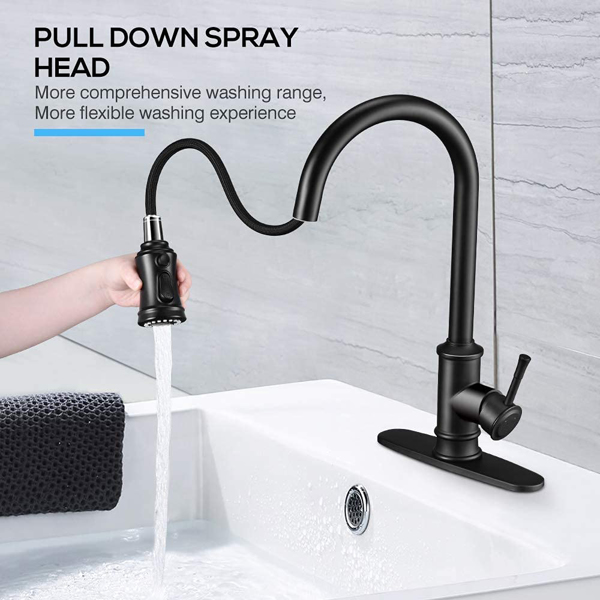 Kitchen Faucet- 3 Modes Pull Down Sprayer Kitchen Tap Faucet Head, Single Handle&amp;Deck Plate for 1or3 Holes, 360 Rotation, Stainless Steel No Lead for RV Bar Home , Black